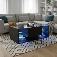 Table basse design 100cm haute brillance Noir/Blanc. 4 étagères verre trempé, tiroir. Lumière LED RGB (APP/Télécommande). 2