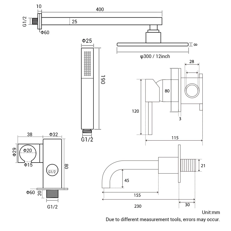 Matte Black Shower System Bathroom Bathtub Faucet Mixer Tap Wall Mount Tub Spout Rotate  8/10/12 Inch Rainfall HeadShower 3