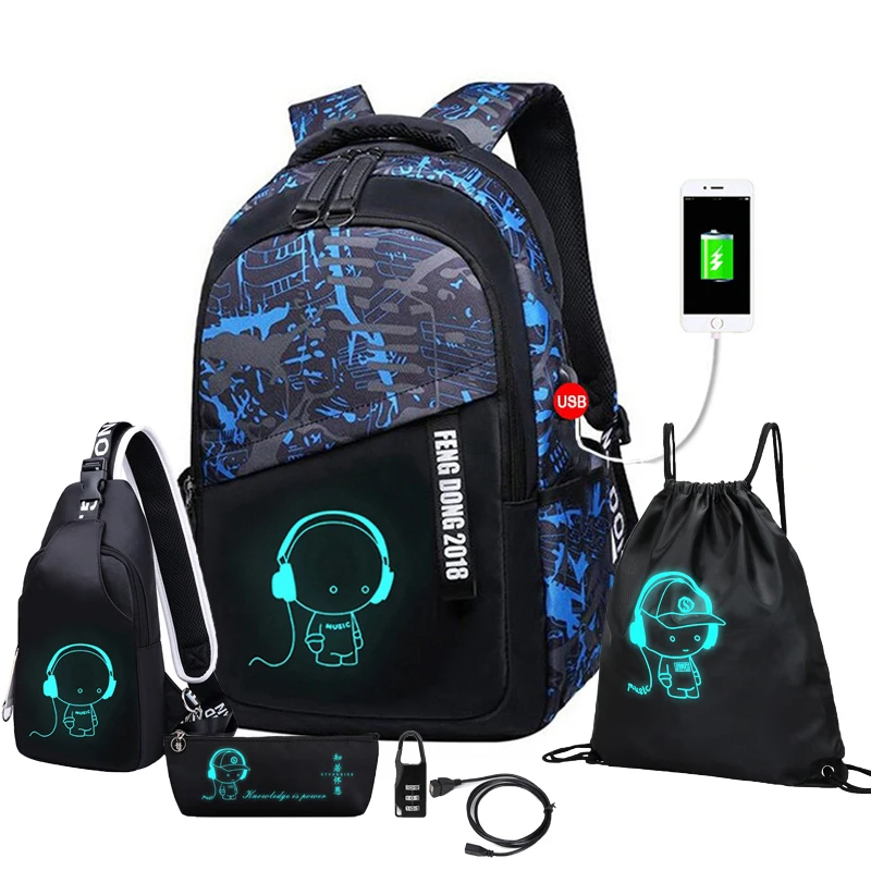Student School Backpack Luminous USB Charge School Bags For Teenager Boys Girls Anti-Theft Children's Schoolbags Laptop Backpack 2