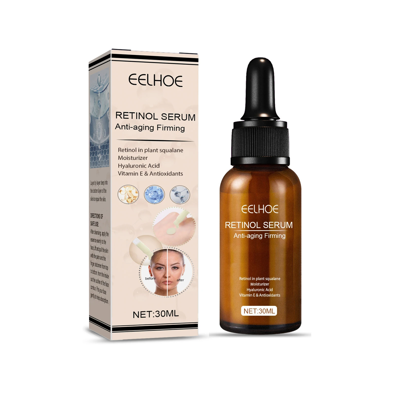 EELHOE Retinol Face Serum Gentle Moisturizing Firming Skin Pore Shrink Balance Skin Tone Anti-aging Glowing Mild Face Serum