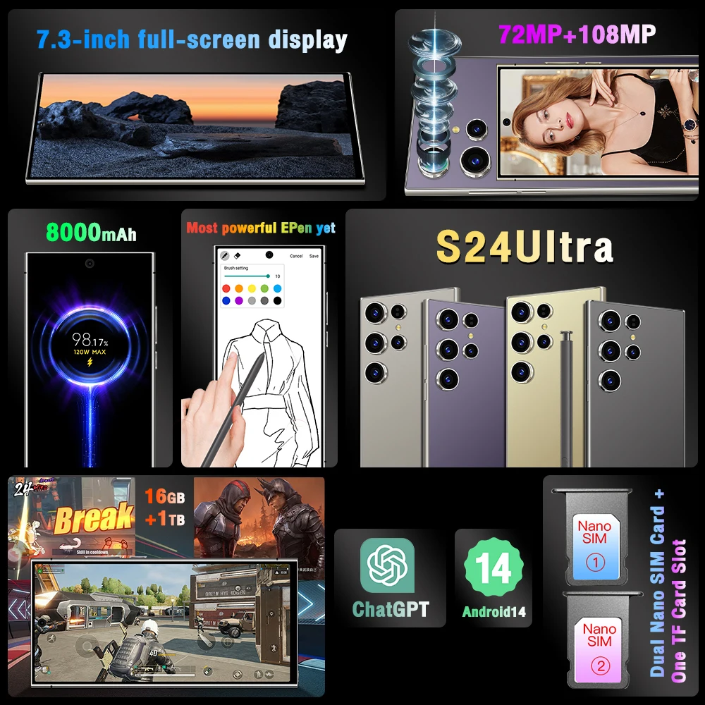 New S25 Ultra+ Smartphone 5G Signal 16GB+1TB Android 13 8000mAh phone Face Recognition Fingerprint unlocking Fast shipping 2
