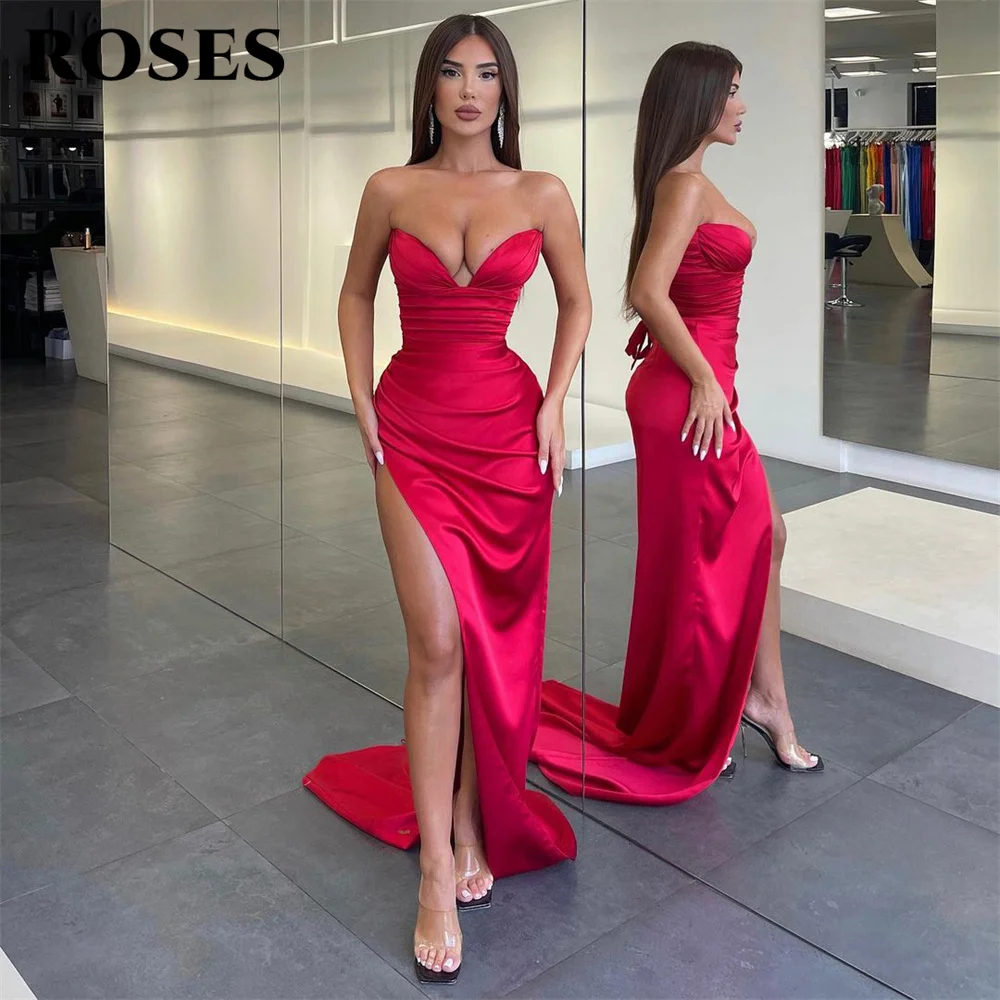 ROSES 레드 섹시한 인어 이브닝 원피스 오프숄더 V넥 사이드 슬릿 플리츠 무도회 원피스, 아라비아 샤이니 새틴 파티 가운, 맞춤형