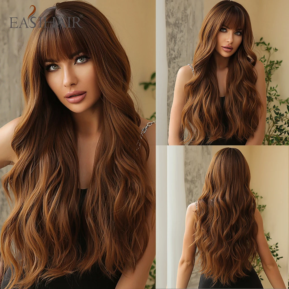 

EASIHAIR Long Wavy Brown Ombre Synthetic Hair Wigs Women With Bangs Dark Root Natural Wig Cosplay Use Heat Resistant Fake hair