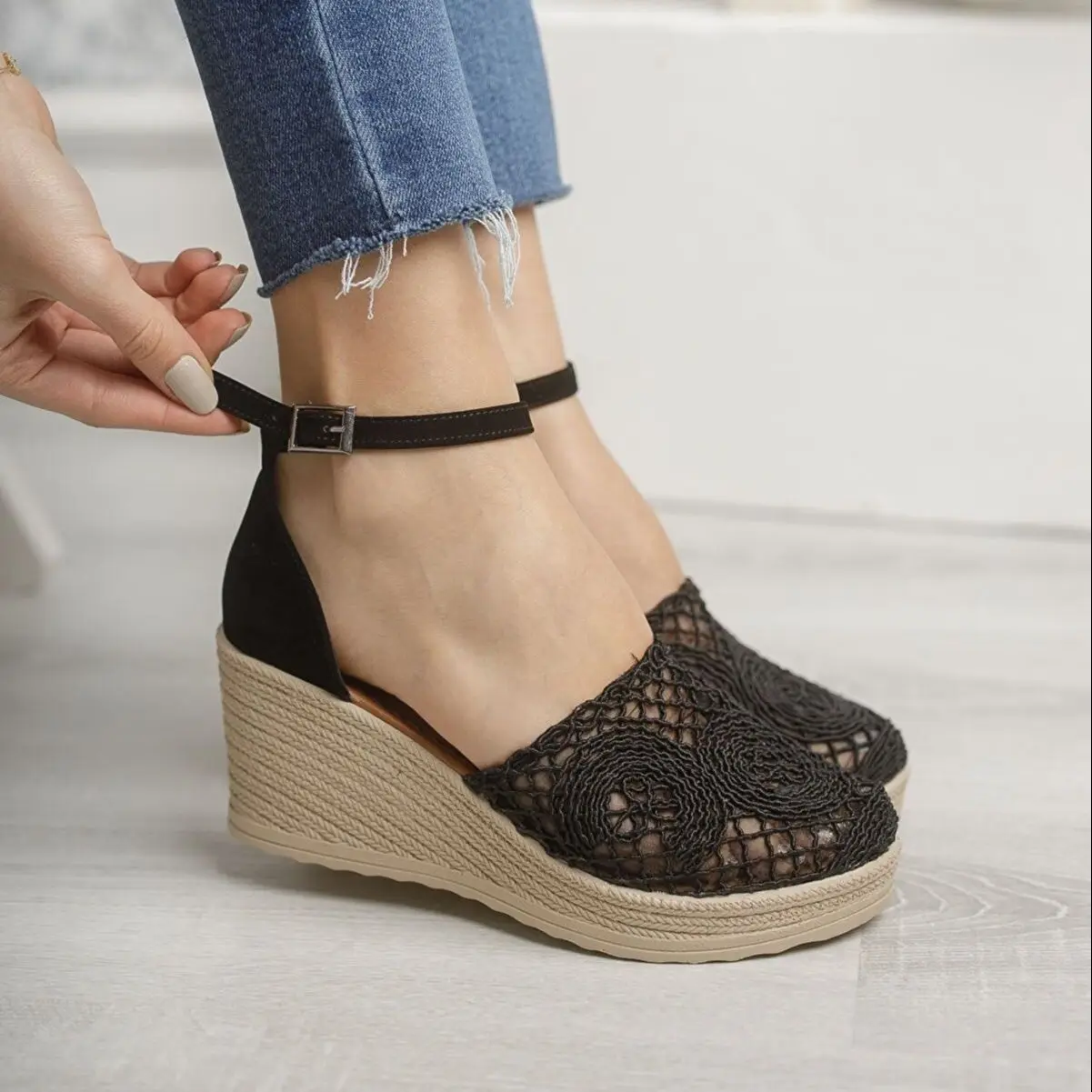 Women Wedge Heel Braided Mink Heels Shoes 2022 New Season Stylish Design Summer PU Comfortable High Sole