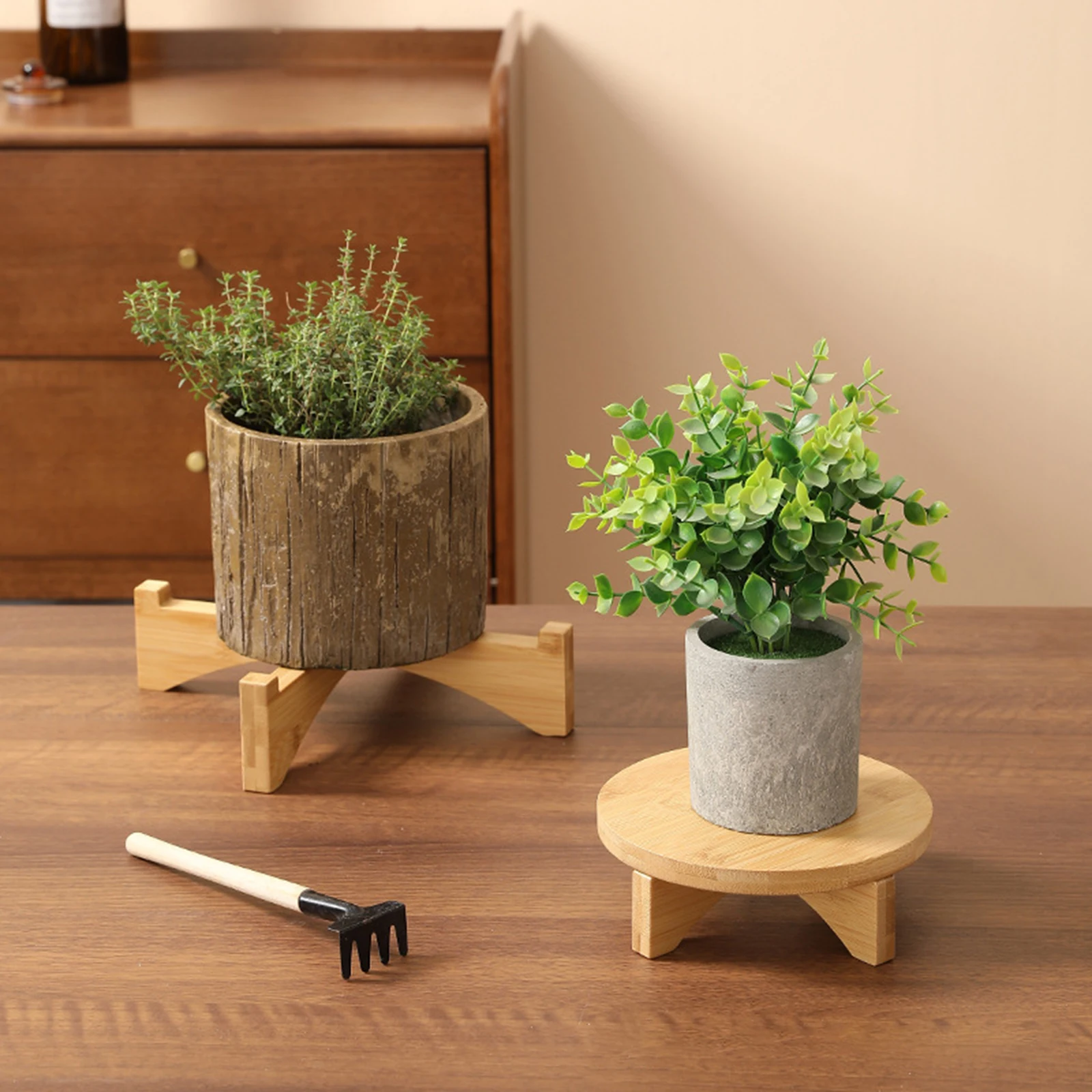 Wooden Planter Stand Sturdy Round Multifunctional Accessories Modern Flower Pot Rack for Office Home Farmhouse Bathroom Indoor
