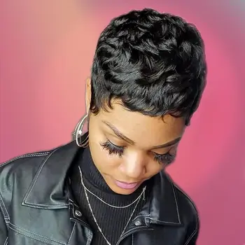 Black women's short elf style synthetic wig, fashionable wave layered wig with free hairnet