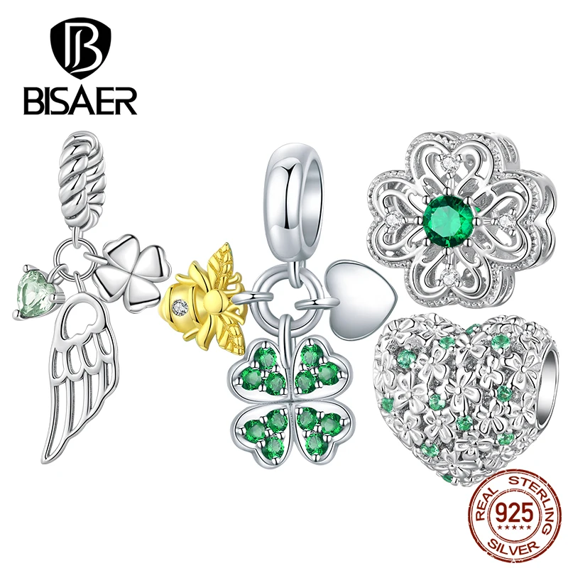 

BISAER 925 Sterling Silver Four-leaf Clover Charms Bead Heart Pendant Plated Platinum For Women Lucky Bracelet DIY Fine Jewelry