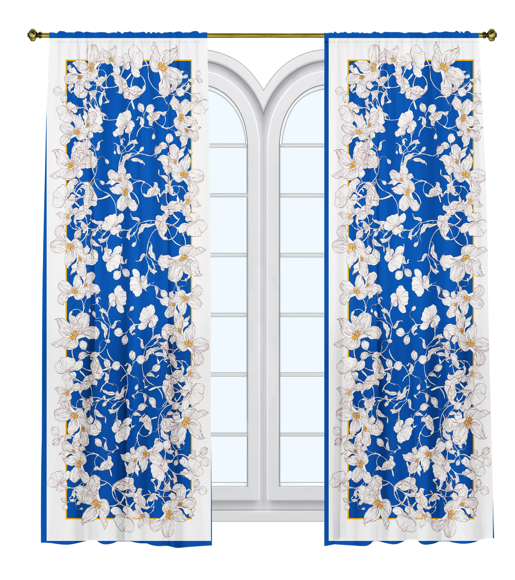 

Flowers Printed Curtain / Bedroom Dining Room Living Room Covers Set of 2 Panels - White Apple Blossom in Blue Frame Decor Art