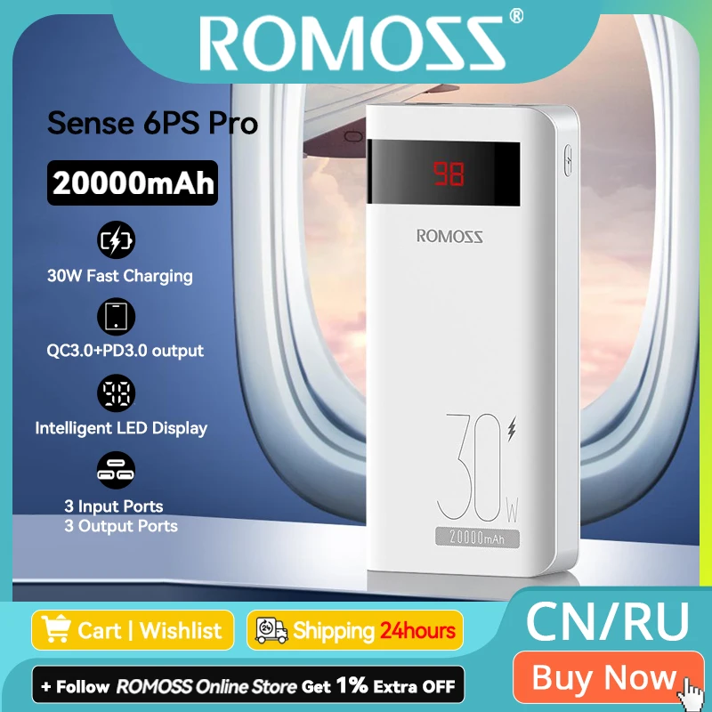 

ROMOSS 20000mAh Power Bank 30W Fast Charging Sense6PS Pro Portable Charger ROMOSS 20000 мАч 30 Вт Sense6PS Pro Power Bank Быстрая зарядка Romoss Портативная внешняя батарея для iPhone 15/14/13 Xiaomi HUAWEI