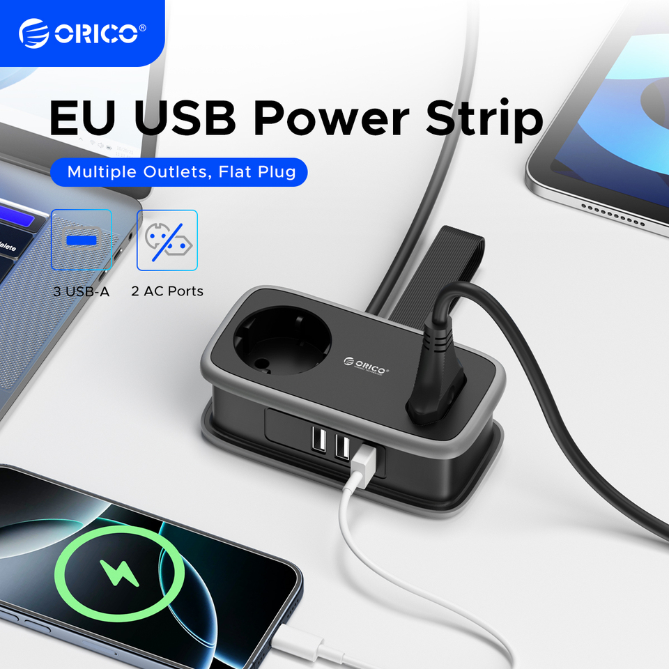 ORICO EU Plug Power Strip with 2AC 3USB Port with 1.1M Extension Cable 5-In-1Travel Smart Socket for Home/Travel Save Space
