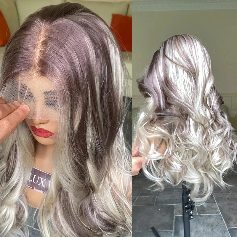 Human Synthetic Blend Wig 13x4 Lace Front Wig Browns White Blonde Highlights Gorgeous Long Hair Curly Layered Long Blonde