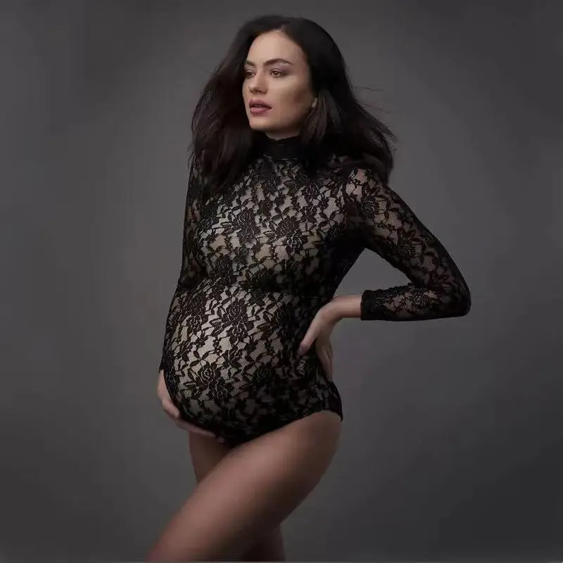 Lace Maternity Photography Props Jumpsuit  Stretchy Pregnancy Photo Shoot Clothes Boy or Girl Party Bodysuit Long Sleeve