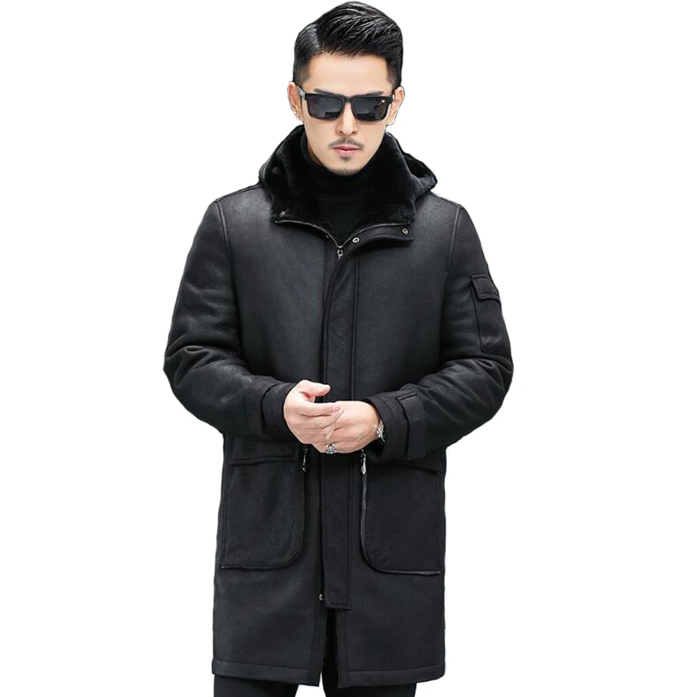 Denny&Dora Mens Wool Winter Coat Men Sheepskin Coat Hooded Black Leather Parkas For Men