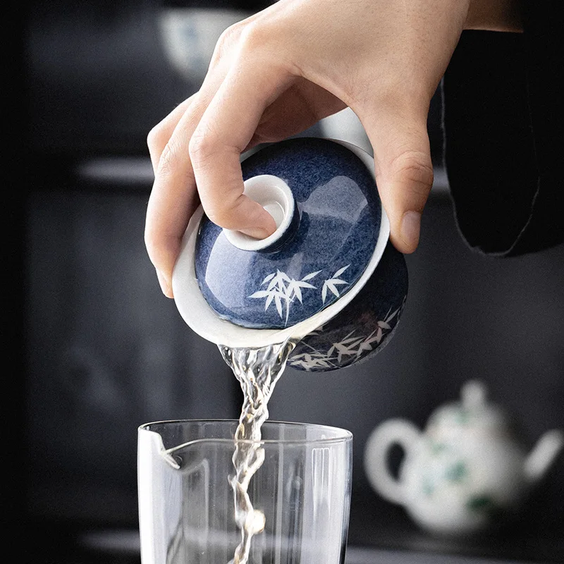 100ml Hand Painted Bamboo Gaiwan Small Porcelain Chinese Jingdezhen Tureen Teaware Set Tea Bowl Kung Fu Tea Chawan Cups Lily