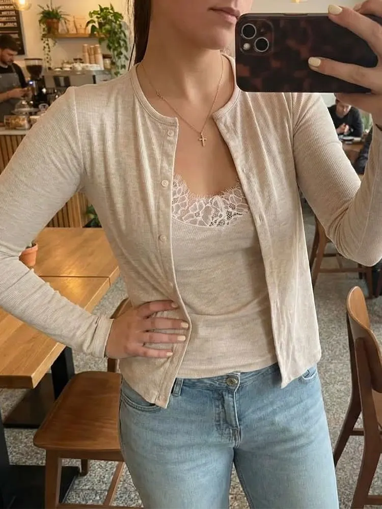 Women Lace V Neck Cropped Knit Cardigan photo review