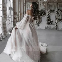 Customized Off The Shoulder Wedding Dress A Line 3/4 Puff Sleeve For Women 2022 Bride Bow Back Robe De Soirée De Mariage Custom 2