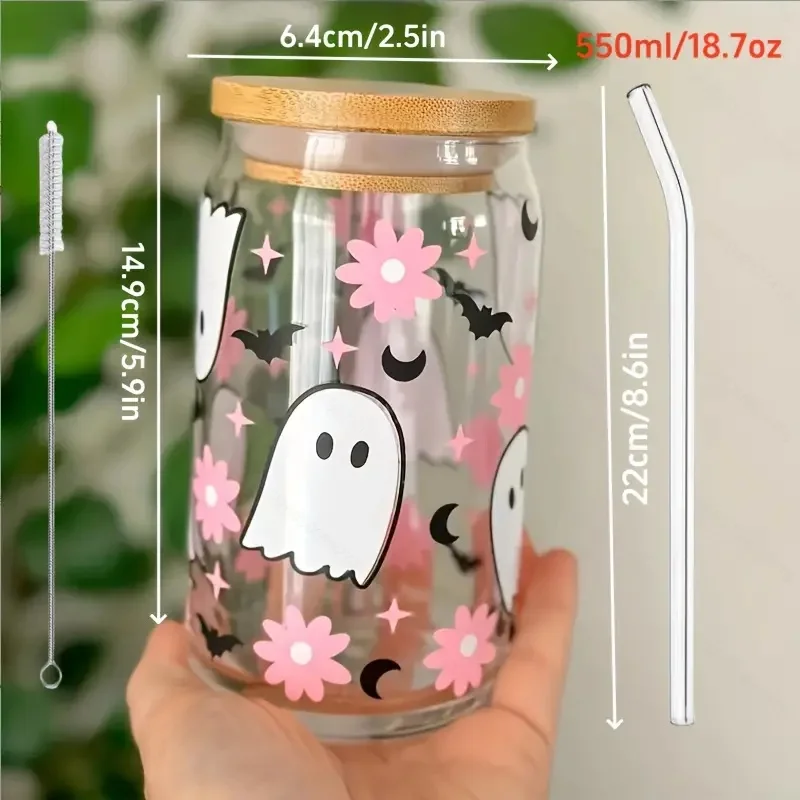4 set of 550ml/18.7oz Halloween glass jar with bamboo lid and straw-perfect for cold drinks, suitable for juice, milk, etc.