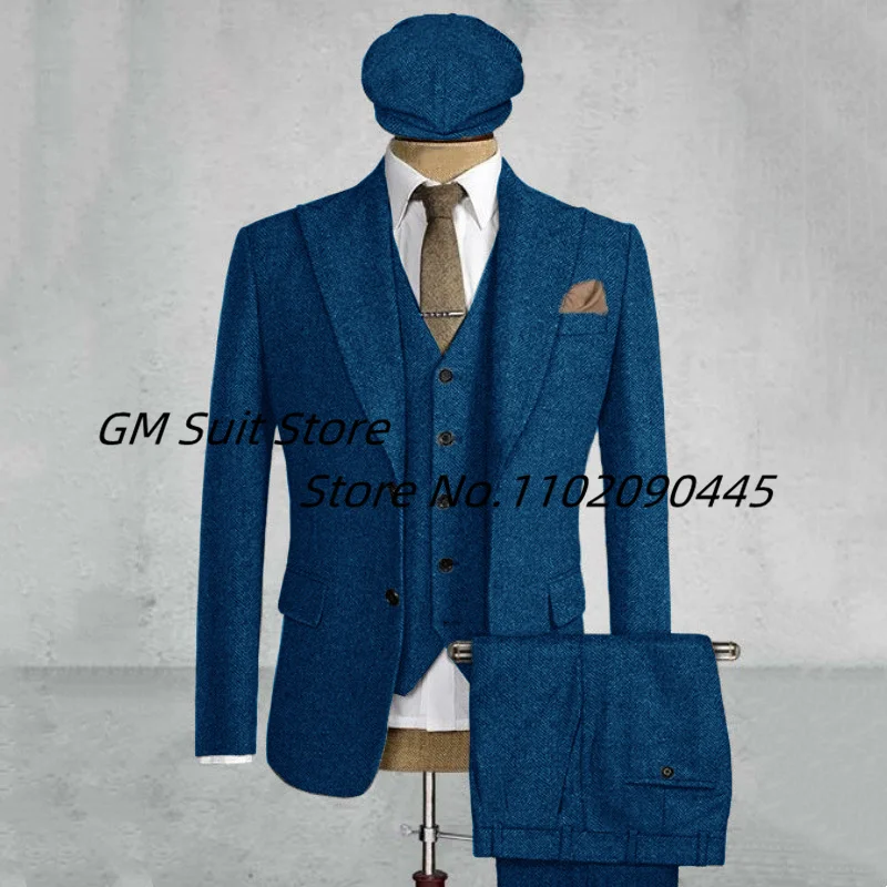 2022Men's 3-piece Suit (Jacket+Vest+Pants) Herringbone Lapel Solid Color Single-breasted Handsome British Style Suitable Wedding 5