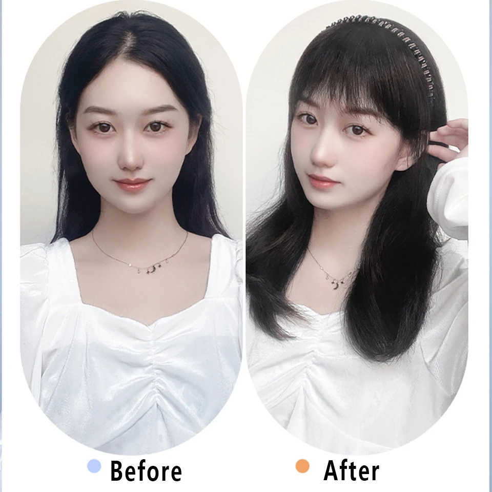 LUPU Synthetic Head Band With Hair Bangs Extension Clip In Full Fringe Bangs Straight Hairpiece Bangs Black Brown Hair For Women