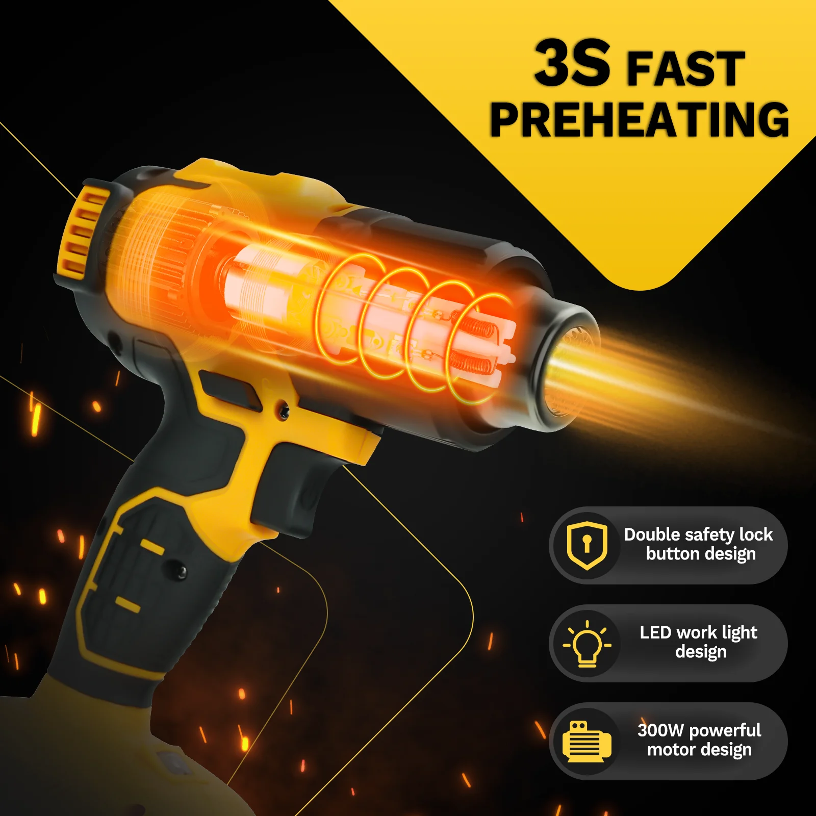 300W Cordless Heat Gun 60℃-540℃ Fast Heating Hot Air Gun DIY Crafts with LCD Dig