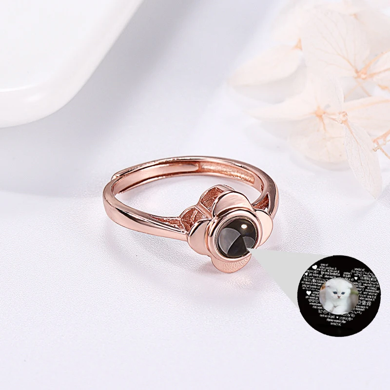 

S925 Silver FLower Customized Photos Projection Ring 100 Languages I Love You Jewelry For Women Memory Gift To Girls