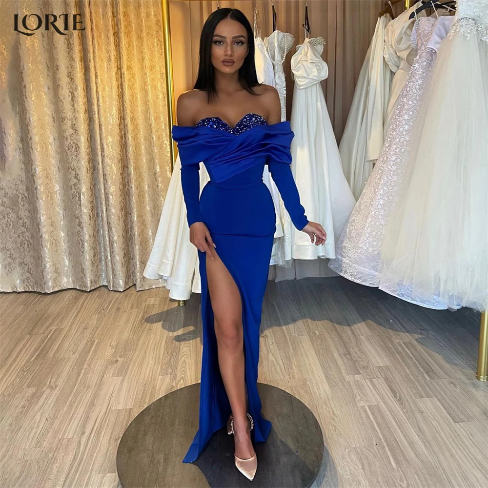 

LORIE Ocean Blue Mermaid Evening Dresses Off Shoulder Sexy High Side Slit Pleated Prom Dress Saudi Arabia Celebrity Party Gowns
