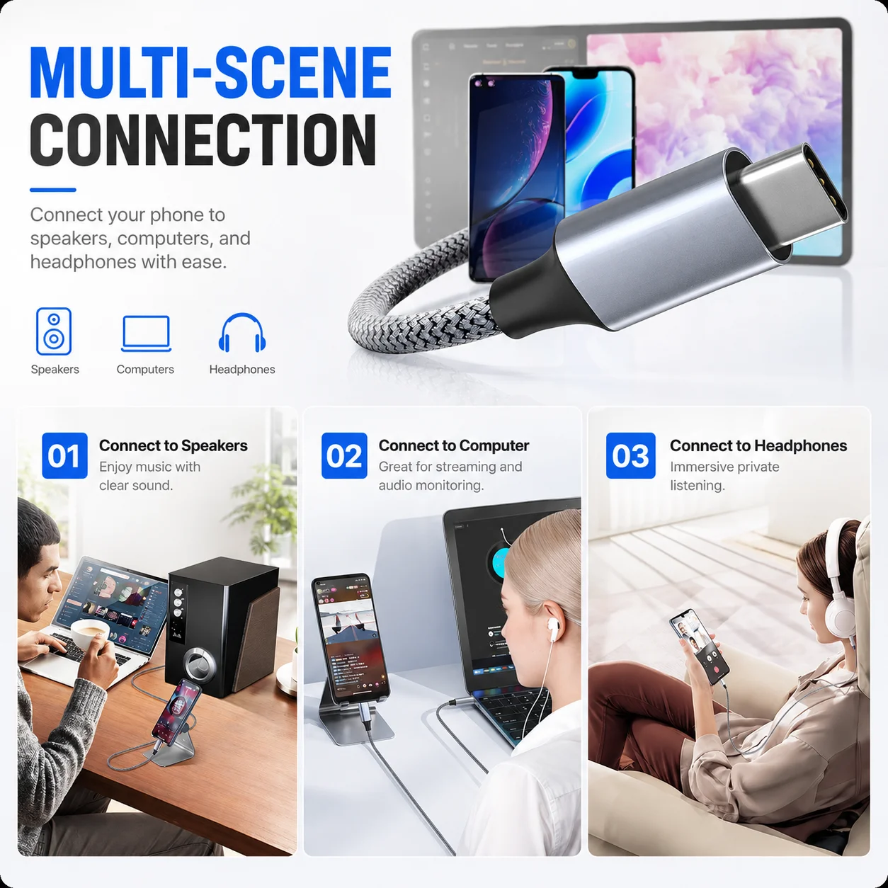 USB C to 3.5mm AUX Audio Cable, Premium Braided HiFi Sound Adapter
