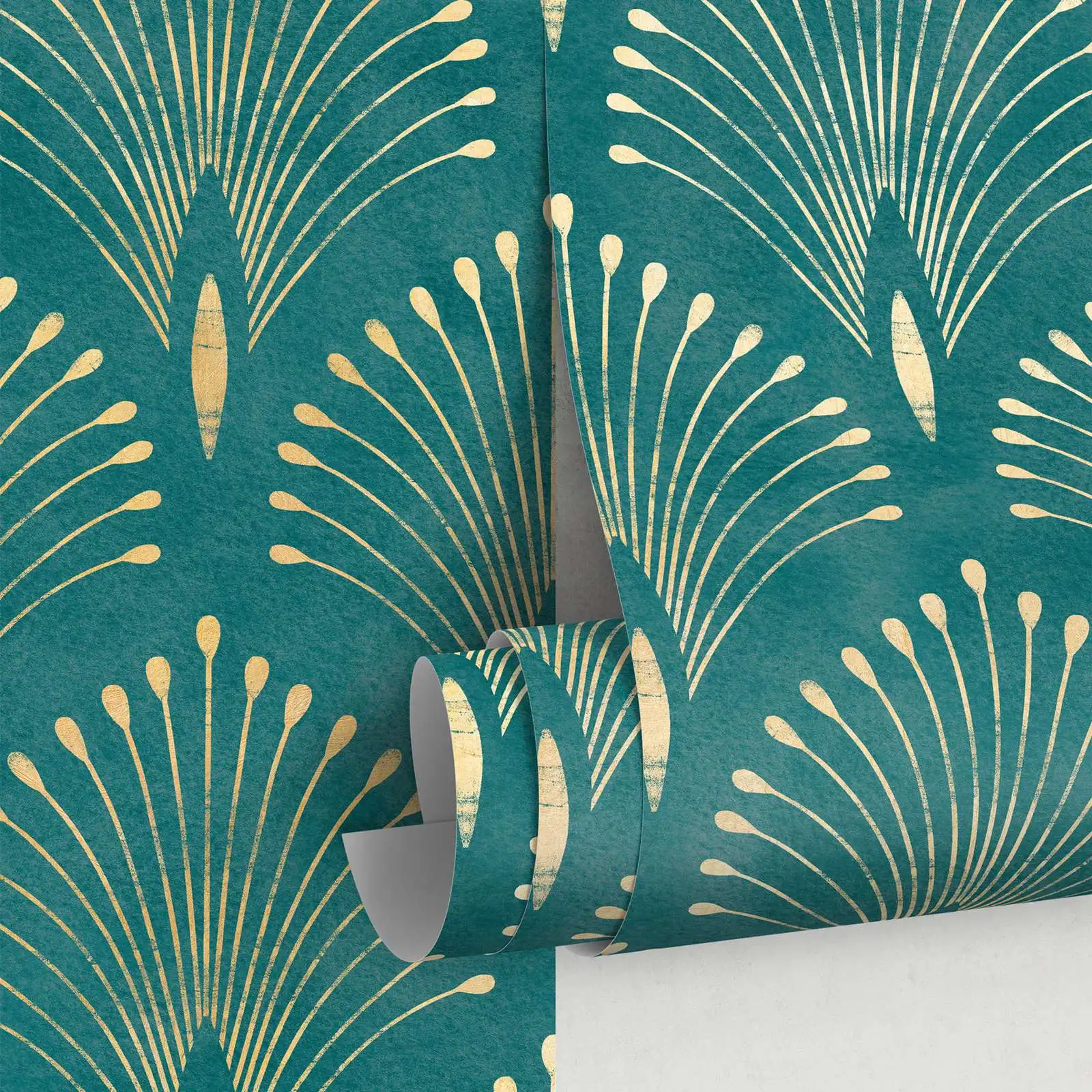 

Gold and Teal Art Deco Palms Wallpaper Peel and Stick and Traditional Wallpaper Simulate-Metallic Wallpaper