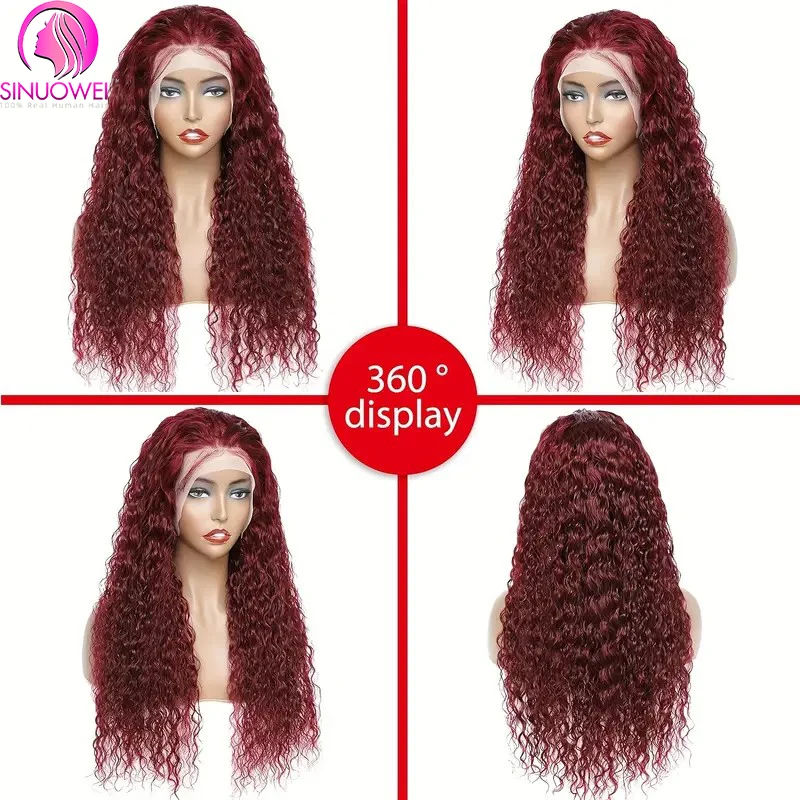 Water Wave 99J Burgundy 13x6 Human Hair Lace Frontal Wigs 200% Brazilian Human Hair Burgundy Wave Curly