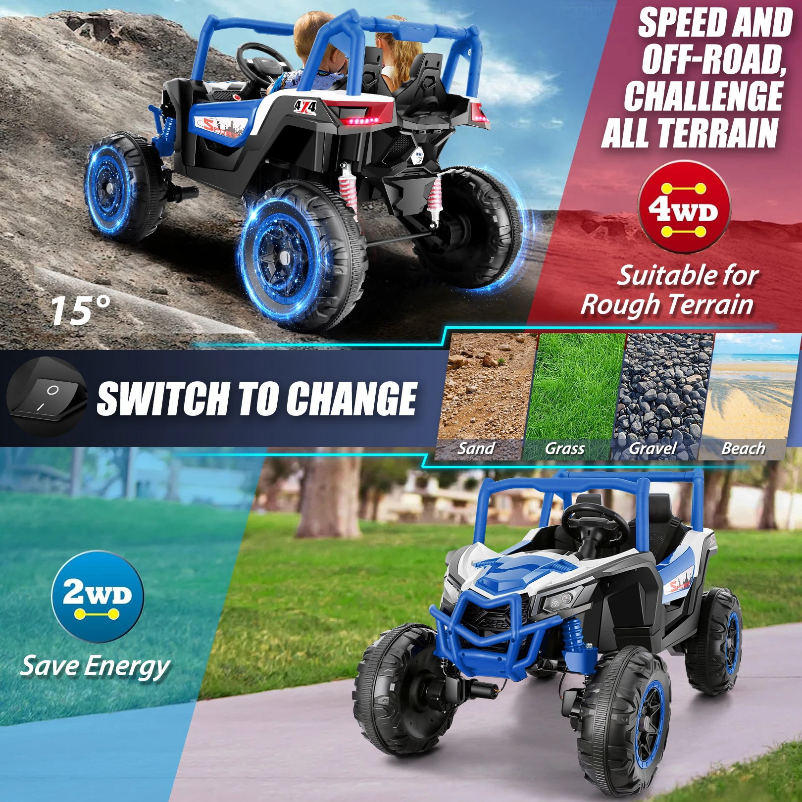 4WD 24V Ride on Toys 2 XL Seater Kids Ride on Cars 4*200W Motor Electric Off-Road UTV 7AH Battery Powered 4-Wheeler Vehicle
