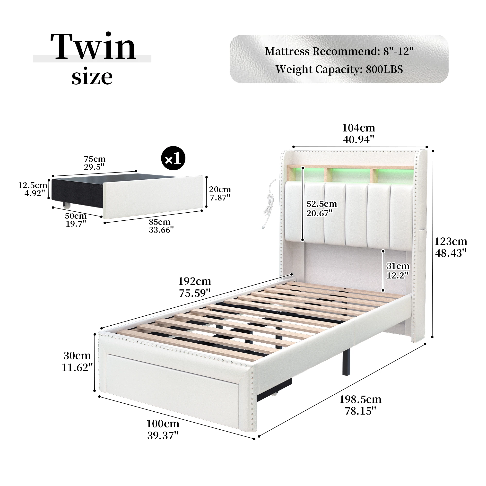 SIBEDS Queen LED Bed Frame with Storage Drawers, Upholstered Platform Bed with 2-Tier Wingback Headboard, No Box Spring Needed
