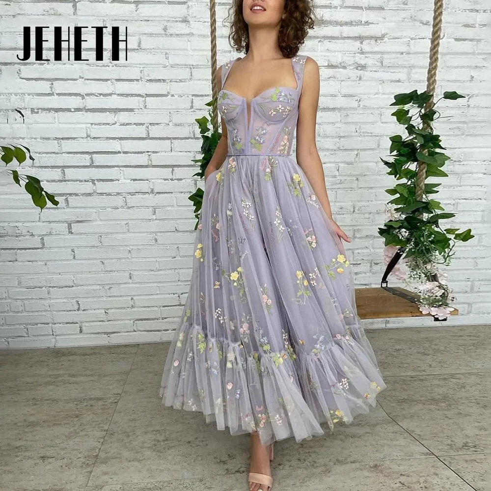 JEHETH Lavender Embroidery Prom Dresses Sweetheart Ankle Length Tulle  A-Line Party Lace Formal Evening Gowns Vestidos De Fiesta - AliExpress 320