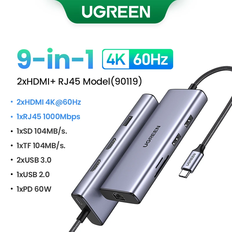 Buy UGREEN 90119 USB C 9 In 1 Hub 4k@60Hz Dual HDMI Monitor Multifunctional  Adapter(Gray) Online at Best Prices in India - JioMart.