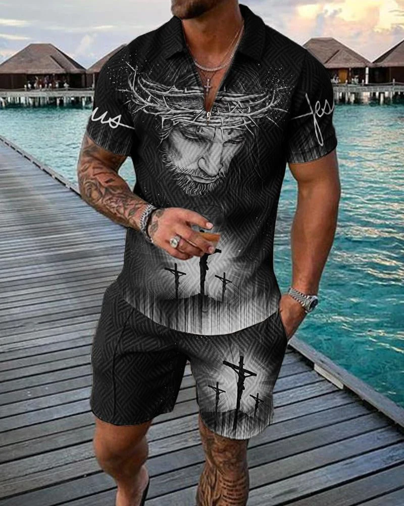 2022 Polo Shirt Lapel Zip T-Shirt Plus Shorts Solid Color Retro Casual Men's Slim Fit Cotton Material S-6XL Short Sleeve Suit
