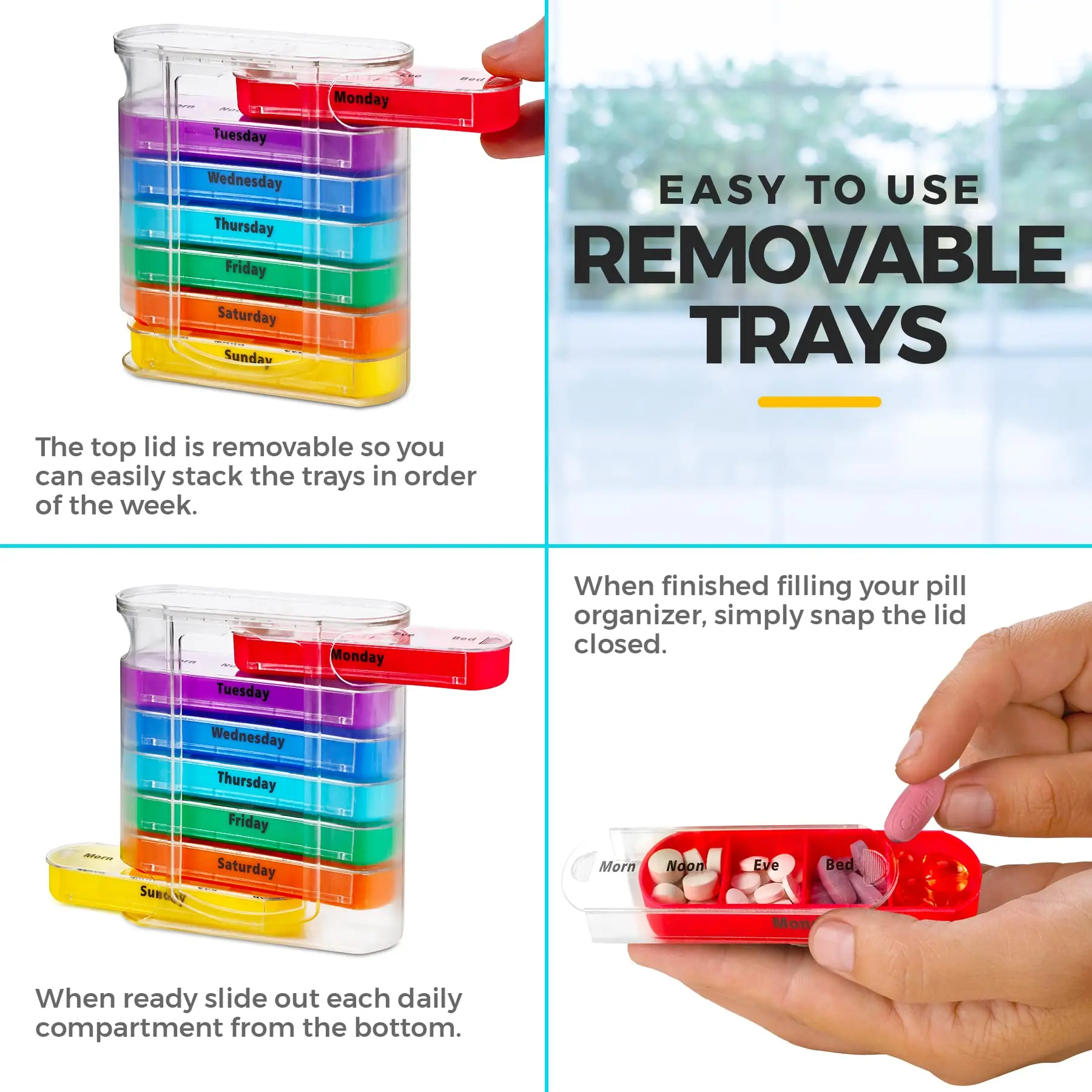 Stackable Weekly Pill Organizer with Four Daily Compartments: Morning, Noon, Evening, and Night