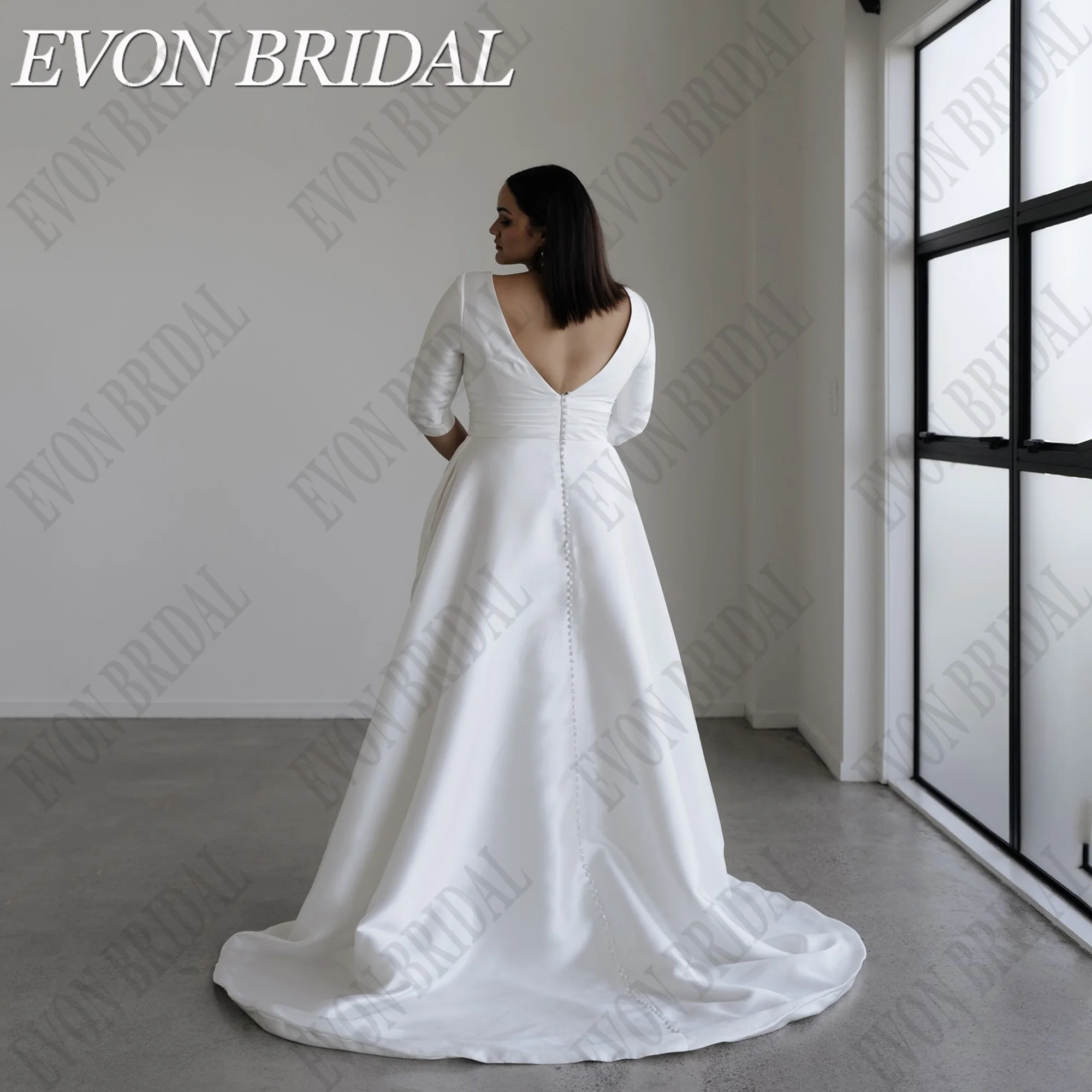EVON BRIDAL Deep V-Neck Plus Size Wedding Dresses For 2024 Bride Backless 3/4 Sleeves Satin A-Line Custom Made Bride Gowns 4