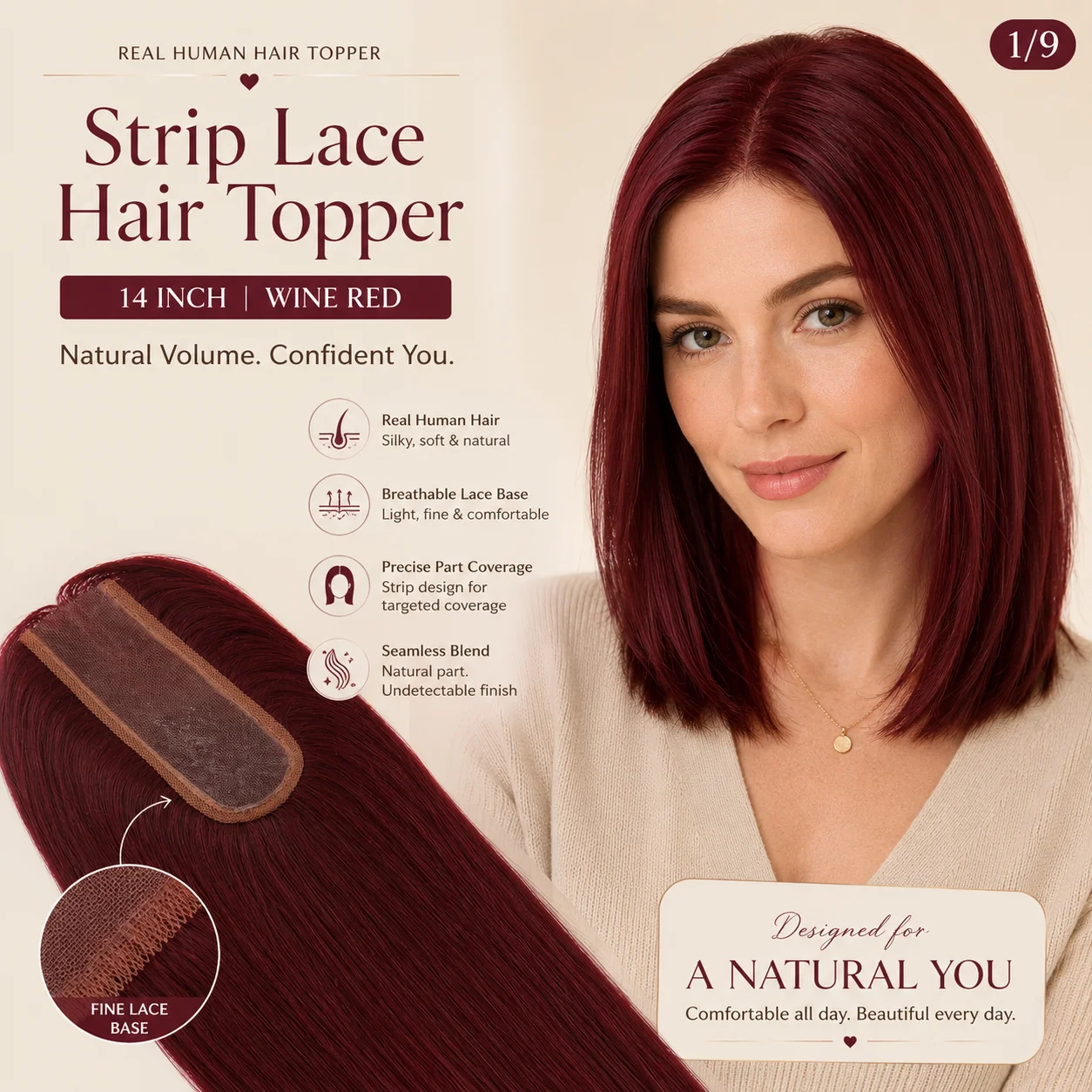 TUW22 Topper per capelli rosso ciliegia in PU, per donne con capelli diradati, pezzo di capelli umani per persone con perdita di capelli, topper in capelli umani