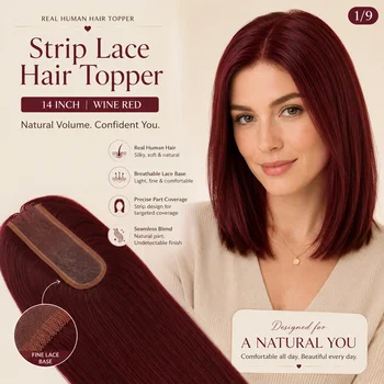 TUW22 Topper per capelli rosso ciliegia in PU, per donne con capelli diradati, pezzo di capelli umani per persone con perdita di capelli, topper in capelli umani