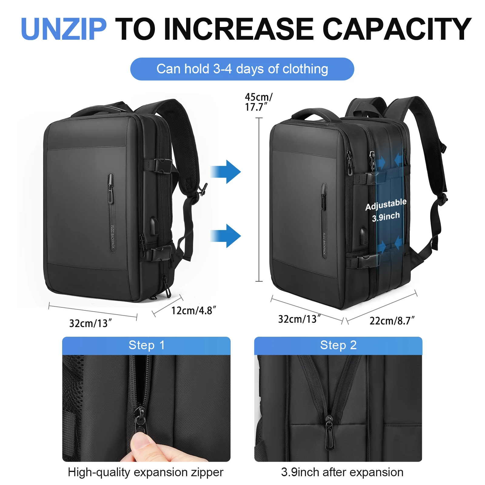 Men's Minimalist Business Travel Backpack Large Expandable 17 inch Laptop Backpack Anti-Theft Trip Luggage Bag with USB Charging