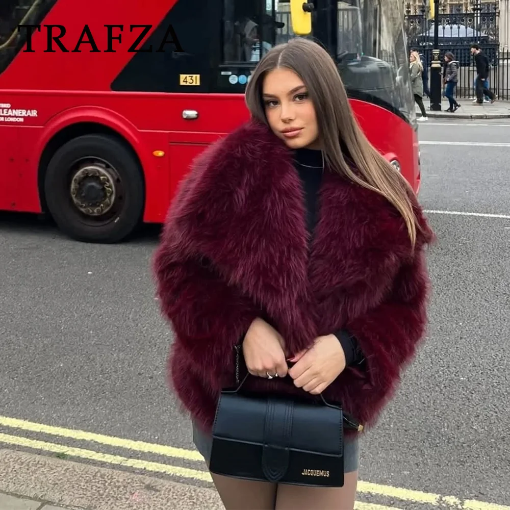 TRAFZA 2025 Autumn Winter Women Casual Faux Fur Jackets Fashion Streetwear Solid Oversized Turn Down Collar Elegant Thick Coats 2