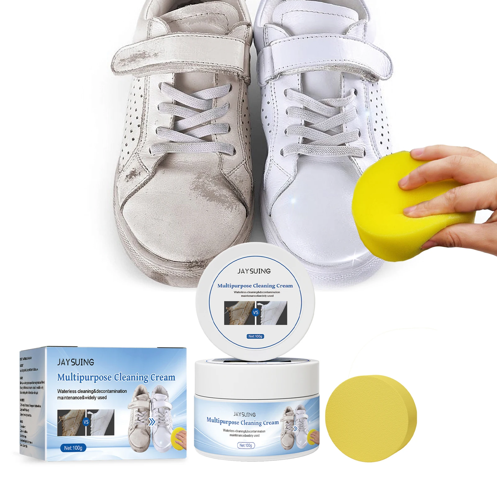 Jaysuing Multipurpose Cleaner Cream for Shoes Leather Sofa Stain Remove Decontamination Waterless Yellow Remover with Sponge