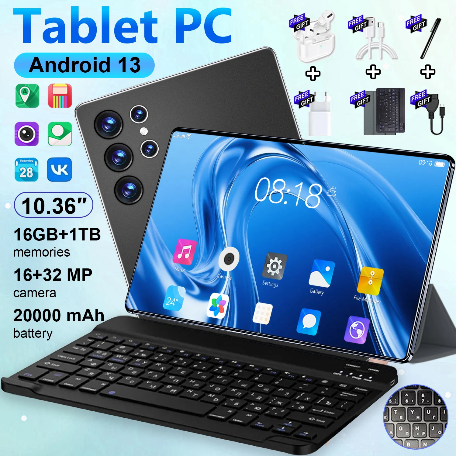 2026 New 10.36Inch Original Tablet Android 16GB Ram 1TB Rom Android13.0 Dual SIM 14 Core 20000mAh Bluetooth Dual SIM WIFI 5G Network Tablet PC