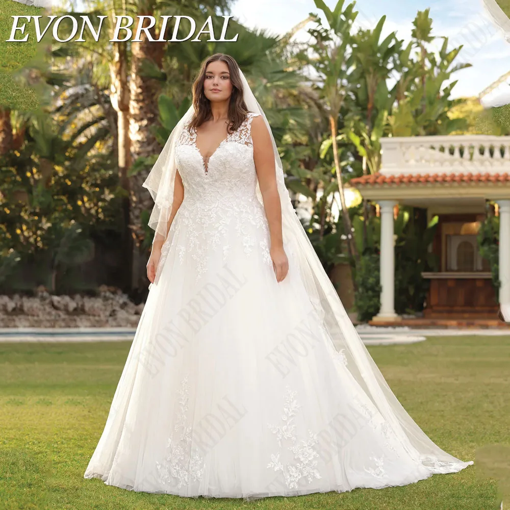 

EVON BRIDAL Sleeves Plus Size Wedding Dress 2024 Lace Up Applique Bridal Gowns V-Neck Civil A-Line Tulle vestidos novias boda