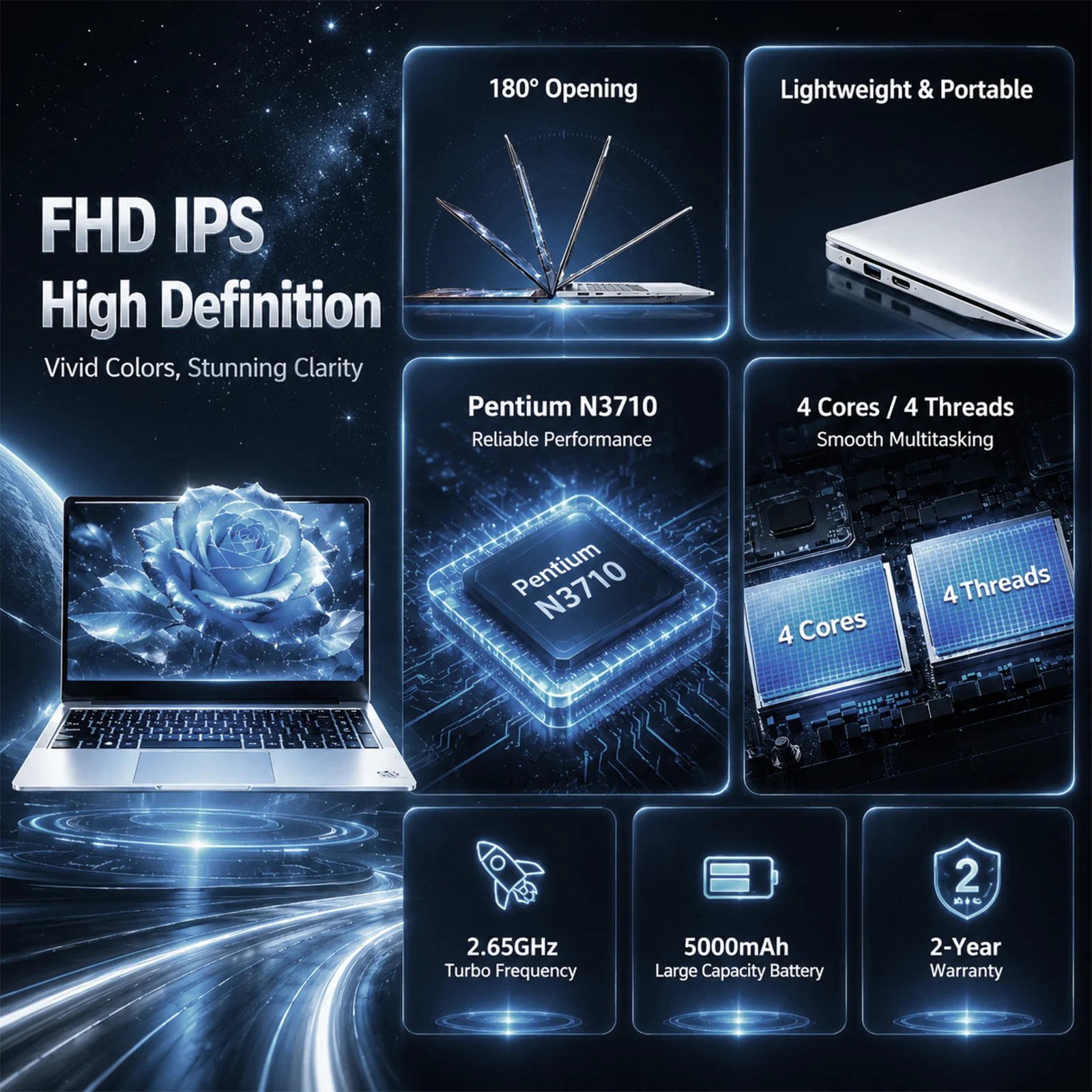 14.1 Inch Laptop Intel Pentium N3710 12GB RAM 256GB SSD Windows 10 Notebook Computer FHD IPS Display WiFi Bluetooth Long Battery Life Portable PC for Students Business Office Work Online Learning with Multi Language Keyboard Stickers EU Plug 5000mAh - immagine 3