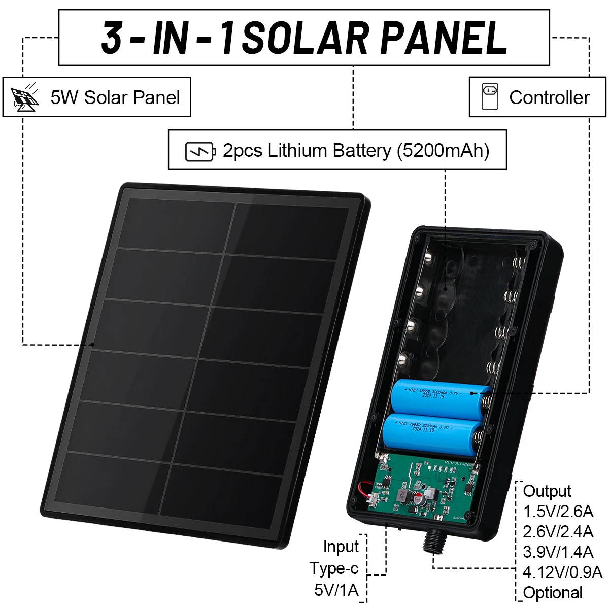 5W Solar Panel for Security Camera Outdoor 5V 6V Solar Panel Charger Built-in 18650 Battery IP66 Waterproof With DC Output Cable