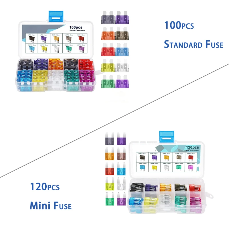 Mini-120Pcs/Standard-100Pcs Blade Fuse Assortment Car Automotive Truck Auto ATM Fuse Kit 2 3 5 7.5 10 15 20 25 30 35 AMP