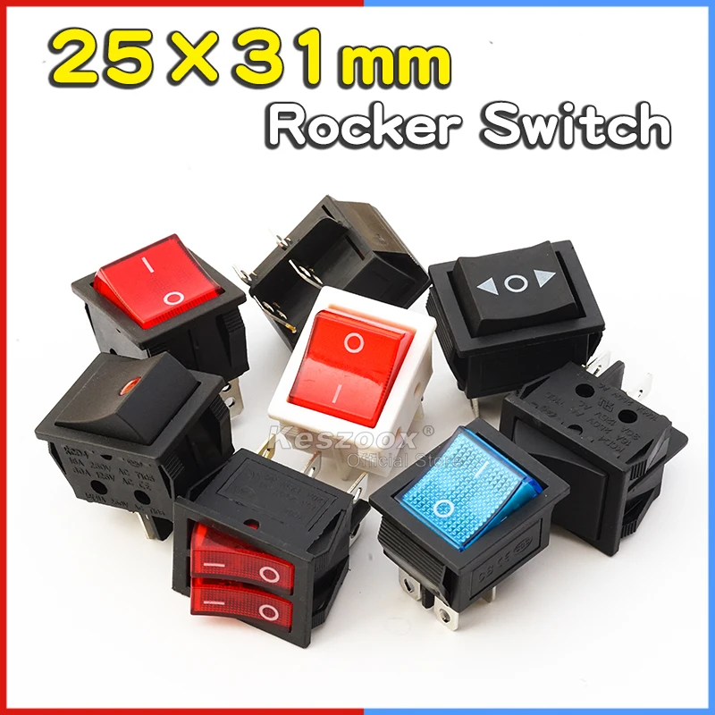 

Keszoox 31x25mm 16A/30A KCD4 Rocker Switch Ship Type Switch Rocker Power Button 4/6Pin Red Light Green Light 250v ON-OFF-ON I/O