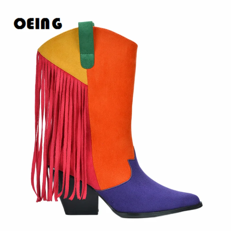 

Female Faux Suede Fringed Cowboy Boots Autumn Winter Women Pointy Toe Chunky Heel Ankle Boots Slip on Retro Boots Botas De Mujer