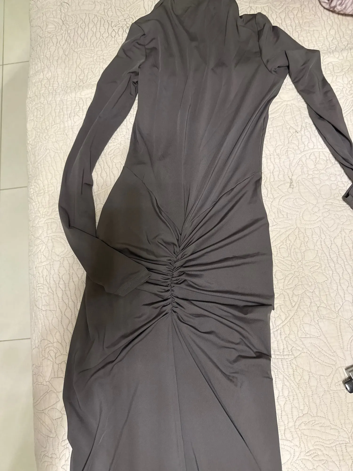 kliou Shirring Women Classic Maxi Dress Autumn New Solid Long Sleeve High Collar Body-shaping Vestidos Mujer Concise Trend Robe photo review