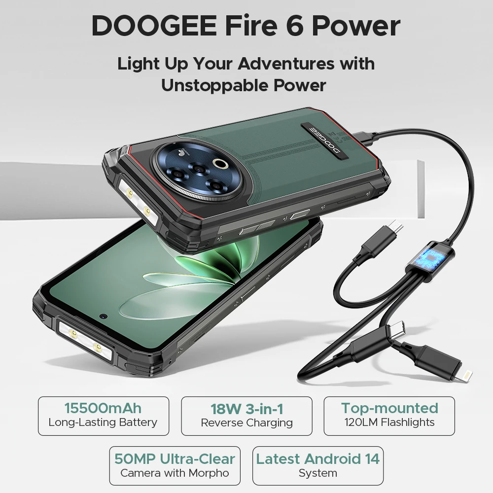 DOOGEE Fire 6 Power 20GB(8+12) 256GB Rugged Smartphone Dual Flashlight 15500mAh  6.56" Display 50MP Android 14 NFC Cellphone 2
